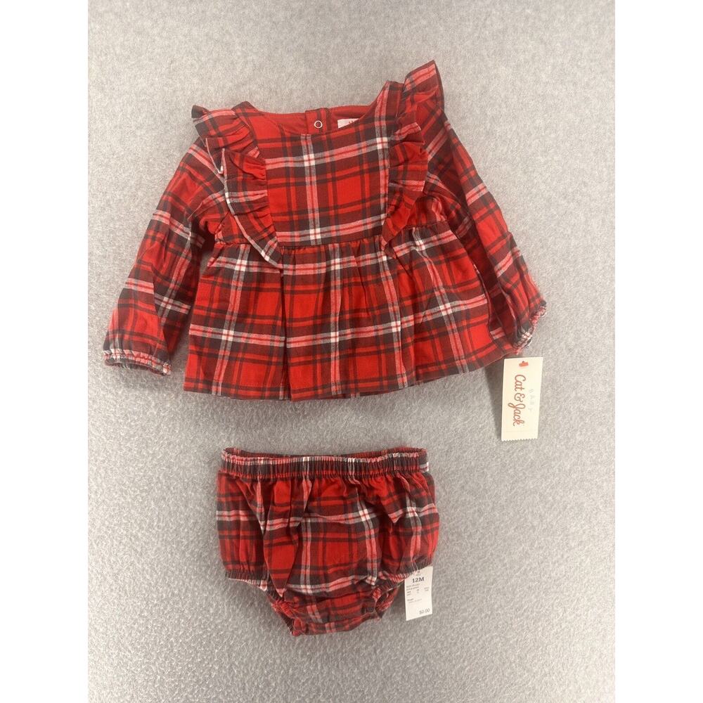 Cat & Jack Girl Dress Bloomer Diaper Cover Red Plaid Ruffle Long Sleeve Size 12M